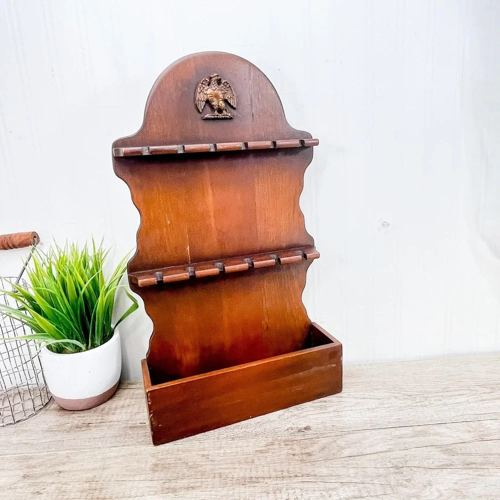 Vintage Wood Spoon Rack - 12 Spoon Display with Pocket Shelf